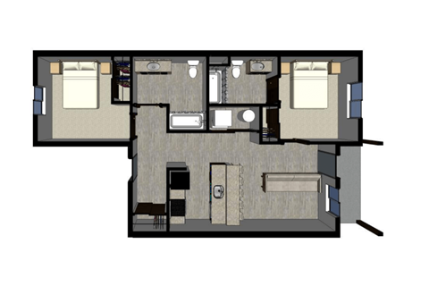 Floor plan for 2 beds, 2 baths, 780 sqft
